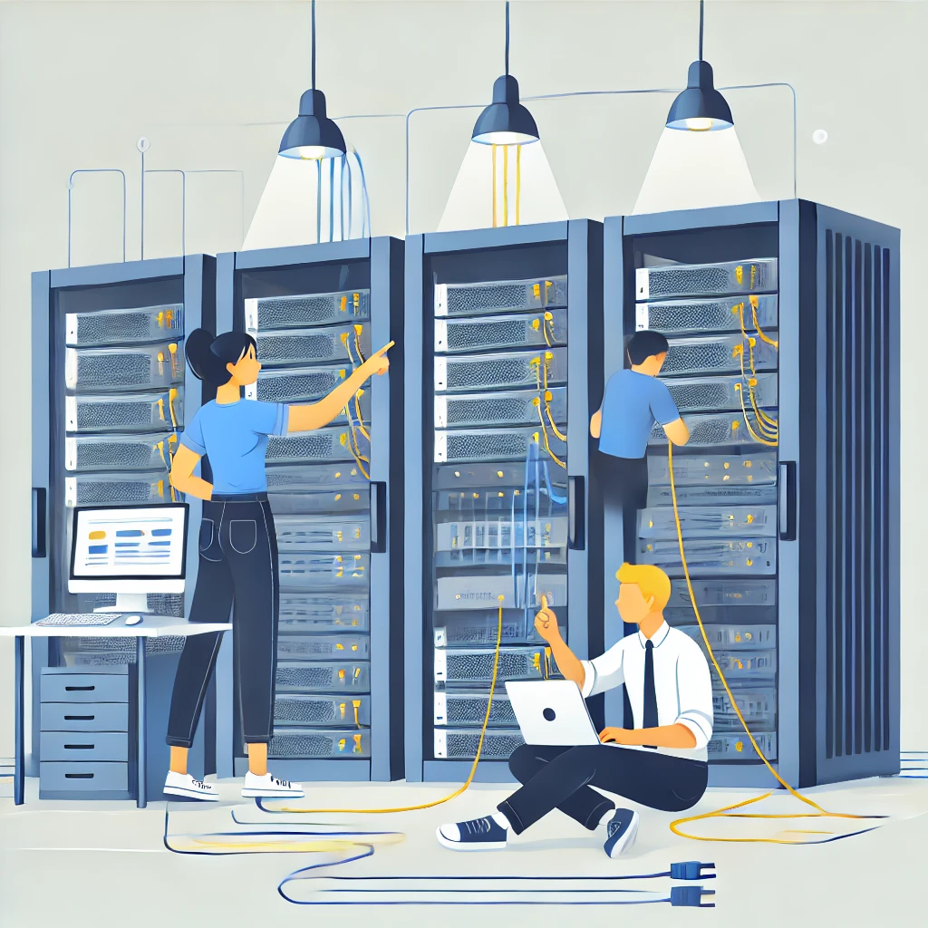 Illustration of two IT professionals working in a modern datacenter. One technician points at a server rack while another connects black cables to the server. The scene features multiple server racks with blue and grey tones against a white background, emphasizing efficient data management and infrastructure support. Perfect representation of datacenter operations, IT support, and network maintenance.