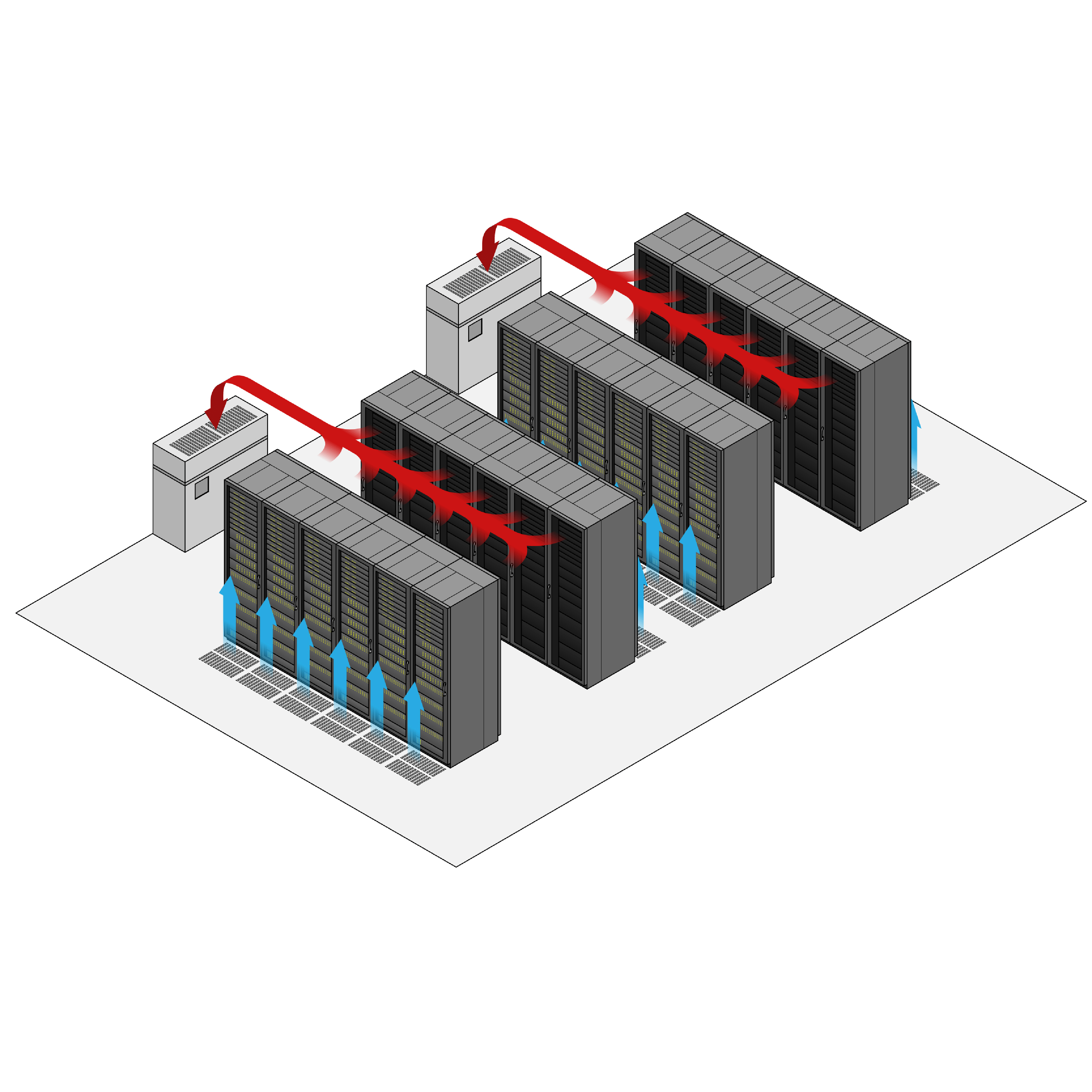 Illustration of a data center layout showing a cold aisle and hot aisle configuration with rows of server racks, highlighting the airflow management system designed for efficient cooling and energy usage.